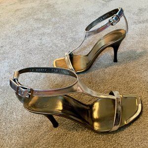 Donald J. Pliner Nany2 Platinum Mirrored Silver T-Strap Heeled Leather Sandals